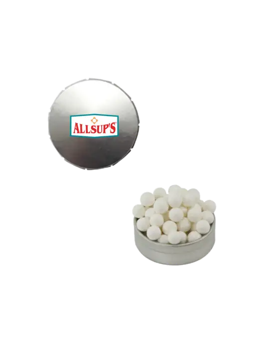 Signature Peppermints In Silver Snap Top Tin  w/ALLSUP'S Logo