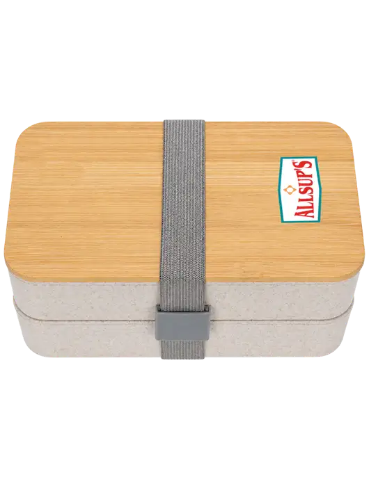 Double Decker Natural Ivory Lunch Box w/Eco-Friendly FSC Bamboo Lid & Reusable Utensils w/ALLSUP'S Logo