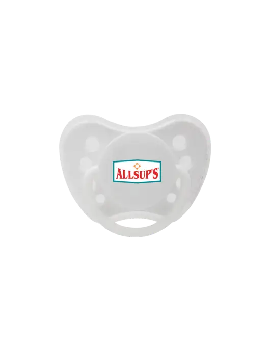 Silicone White Pacifier with Clear Cover w/ALLSUP'S Logo