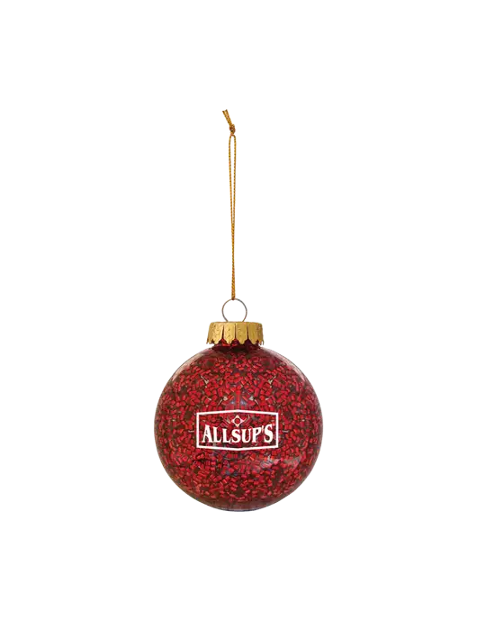 Red Shimmer Sphere Ornament w/ALLSUP'S Logo