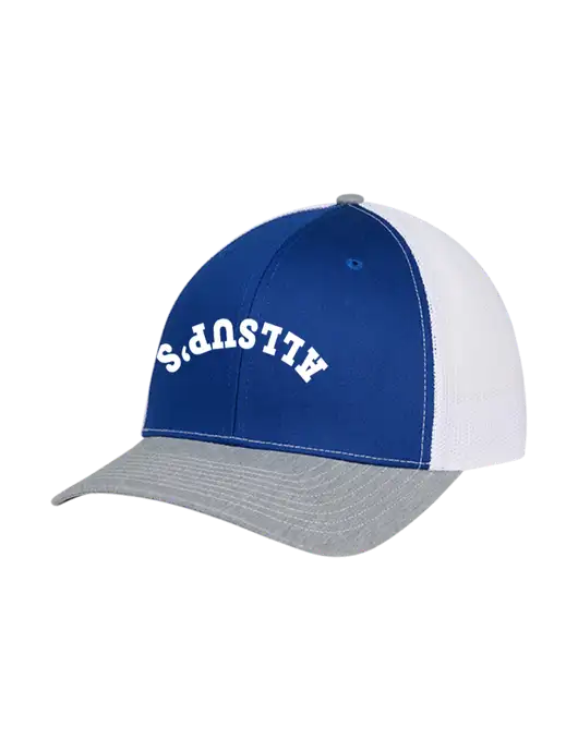 Richardson Adjustable Snapback Original 112 Trucker Cap Royal/HeatherGrey/White Mesh w/ALLSUP'S Upside Down Arched Logo