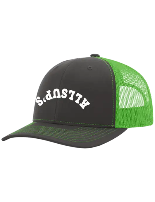 Richardson Adjustable Snapback Original 112 Trucker Cap Charcoal Grey w/Neon Green Mesh w/ALLSUP'S Upside Down Arched Logo