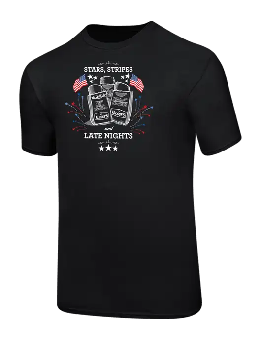 Ring Spun Jet Black 4.5 oz T-Shirt w/Stars, Stripes & Late Nights Logo