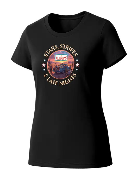 Womens Seriously Soft Black T-Shirt w/Allsups 4th of July Logo