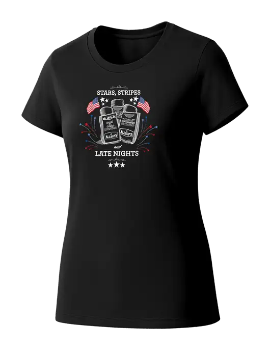 Womens Seriously Soft Black T-Shirt w/Stars, Stripes & Late Nights Logo