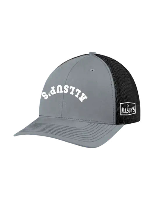 Richardson Adjustable Snapback Original 112 Trucker Cap Heather Grey w/Black Mesh w/ALLSUP'S Upside Down Arched Logo, ALLSUP'S Logo