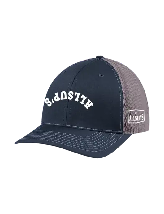 Richardson Adjustable Snapback Original 112 Trucker Cap Navy w/Charcoal Mesh w/ALLSUP'S Upside Down Arched Logo, ALLSUP'S Logo